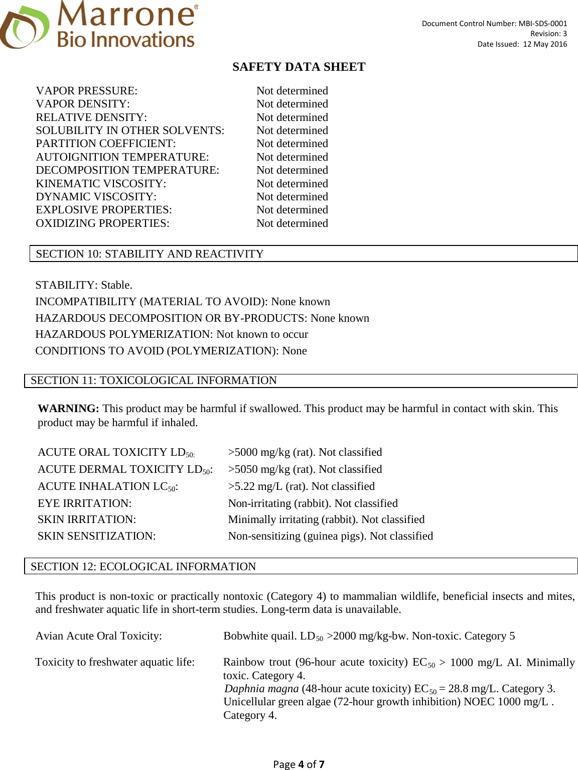 Page 4 of 7 - MATERIAL SAFETY DATA SHEET  OF X Venerate-XC SDS