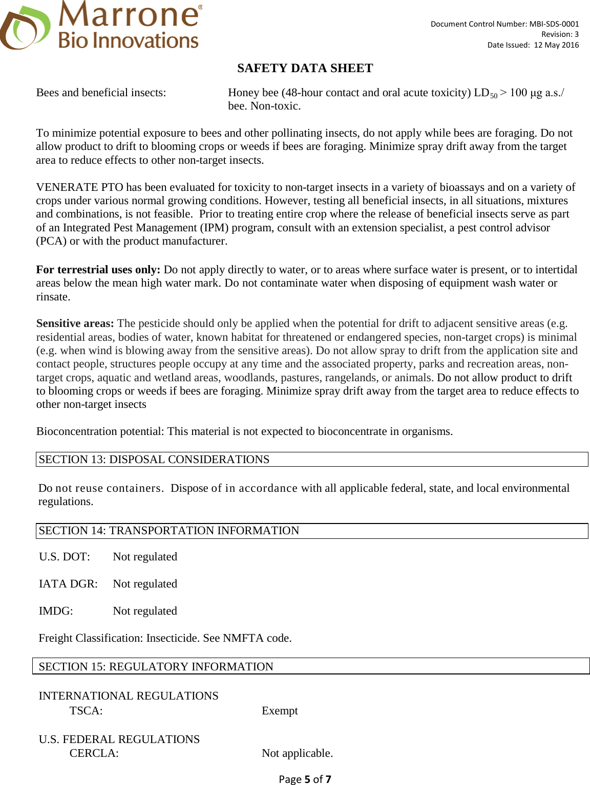 Page 5 of 7 - MATERIAL SAFETY DATA SHEET  OF X Venerate-XC SDS