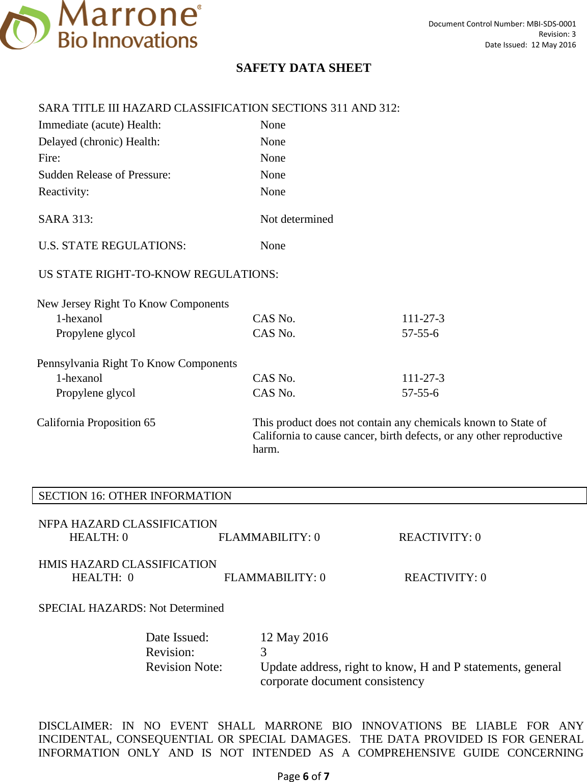 Page 6 of 7 - MATERIAL SAFETY DATA SHEET  OF X Venerate-XC SDS