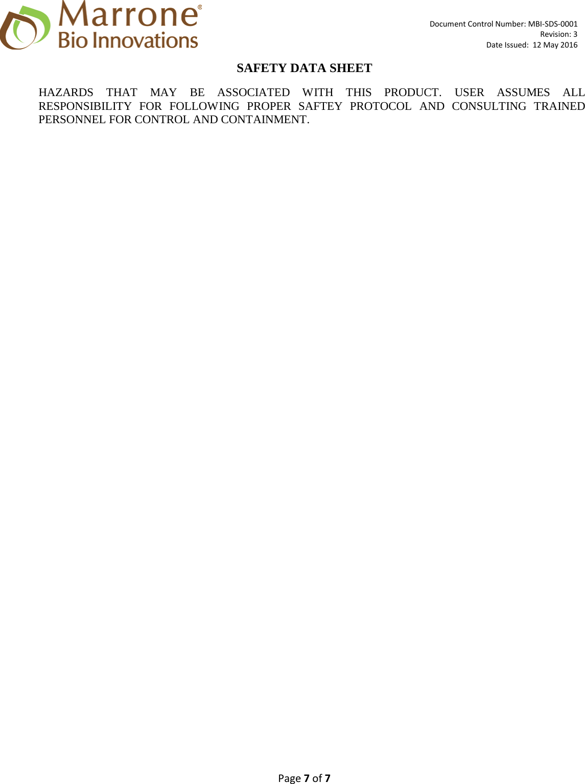 Page 7 of 7 - MATERIAL SAFETY DATA SHEET  OF X Venerate-XC SDS