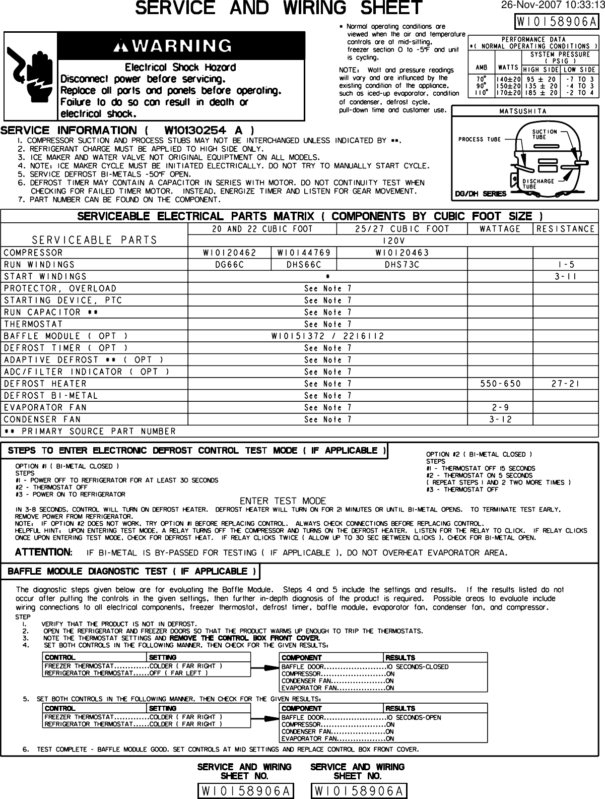 LIT SERVICE AND WIRING SHEET W10158906 Whirlpool Refrig ED2KVEXVL01