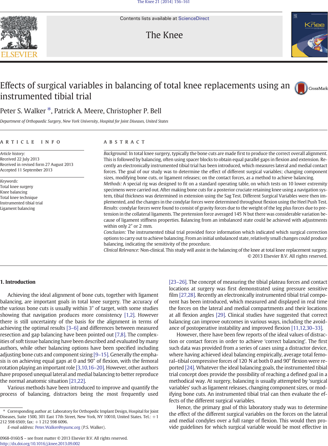 Page 1 of 6 - Effects Of Surgical Variables In Balancing Total Knee Replacements Using An Instrumented Tibial Trial  Walker Et Al Trial. The