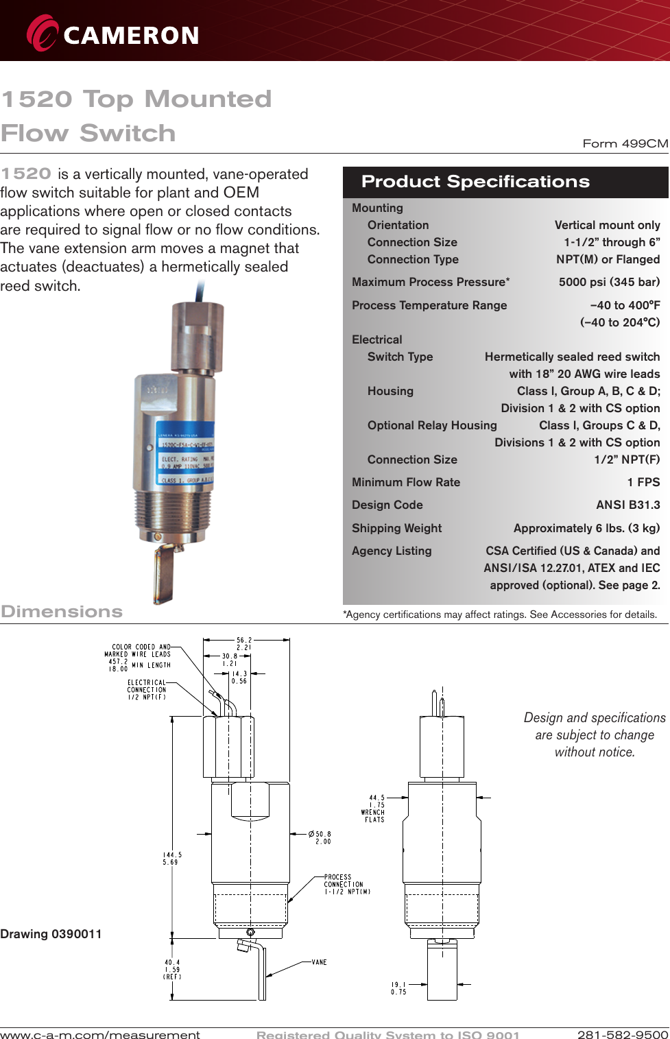 Page 1 of 4 - CAMERON  1520 Top Mounted Flow Switch Technical Data Sheet Cameron-1520-top-mounted-flow-switch-technical-data-sheet