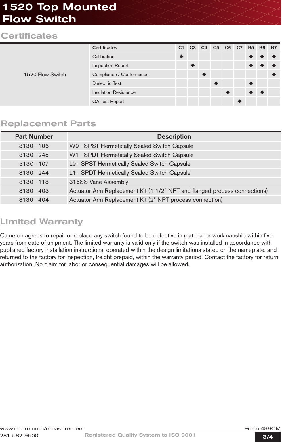 Page 3 of 4 - CAMERON  1520 Top Mounted Flow Switch Technical Data Sheet Cameron-1520-top-mounted-flow-switch-technical-data-sheet