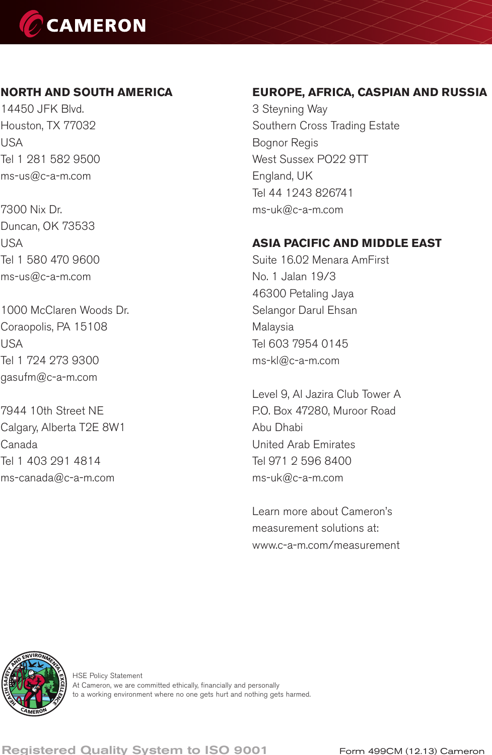 Page 4 of 4 - CAMERON  1520 Top Mounted Flow Switch Technical Data Sheet Cameron-1520-top-mounted-flow-switch-technical-data-sheet