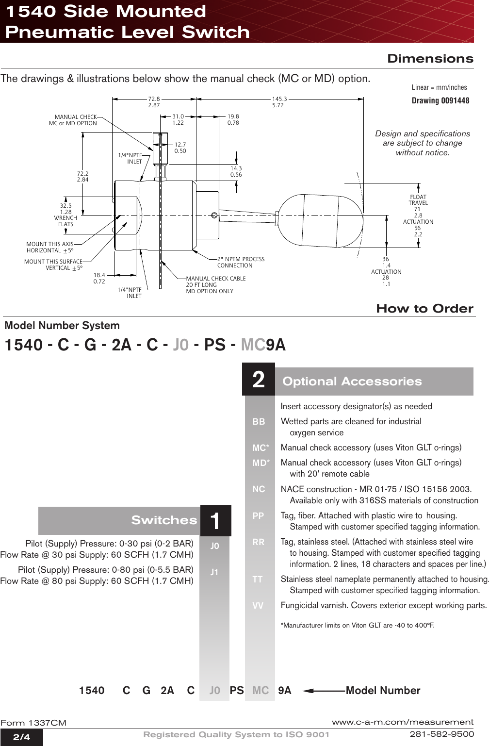 Page 2 of 4 - CAMERON  1540 Side Mounted Pneumatic Level Switch Technical Data Sheet Cameron-1540-side-mounted-pneumatic-level-switch-technical-data-sheet