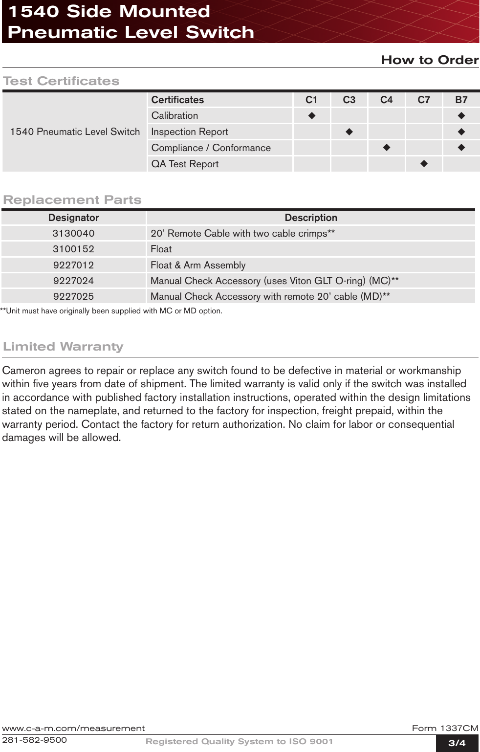 Page 3 of 4 - CAMERON  1540 Side Mounted Pneumatic Level Switch Technical Data Sheet Cameron-1540-side-mounted-pneumatic-level-switch-technical-data-sheet