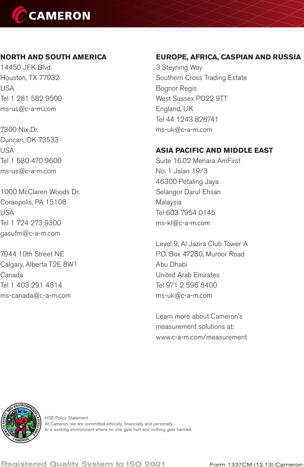Page 4 of 4 - CAMERON  1540 Side Mounted Pneumatic Level Switch Technical Data Sheet Cameron-1540-side-mounted-pneumatic-level-switch-technical-data-sheet