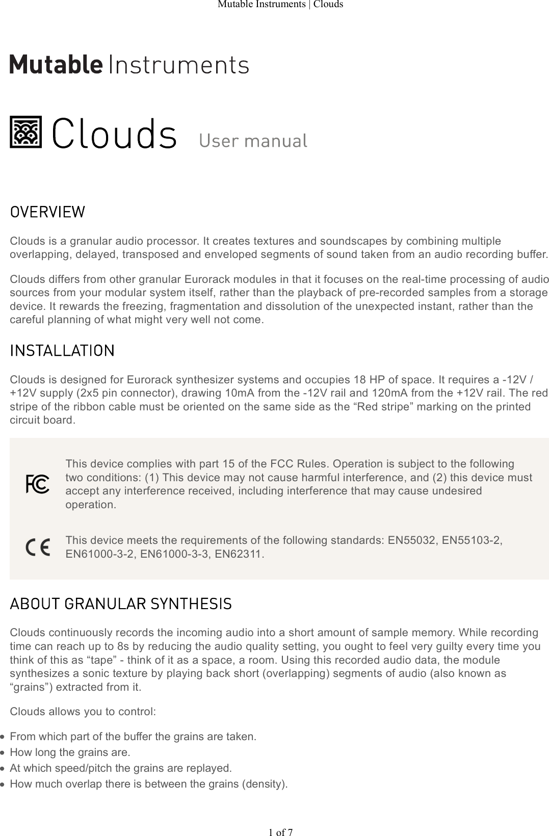 Page 1 of 7 - Mutable Instruments | Clouds User Manual