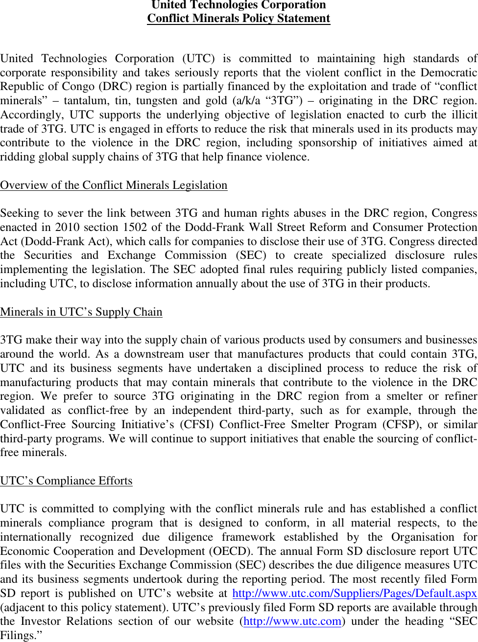 Page 1 of 2 - UTCLEG1-#137814-v19-Conflict_Minerals_-_UTC_Policy_Statement More Conflict Minerals Policy