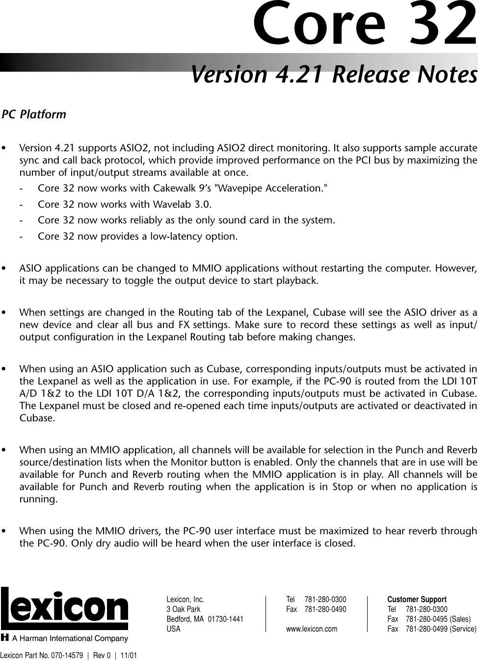 Page 1 of 2 - Lexicon Studio Core32 V421 PC Release Notes Revision 0 Rn Rev0 Original