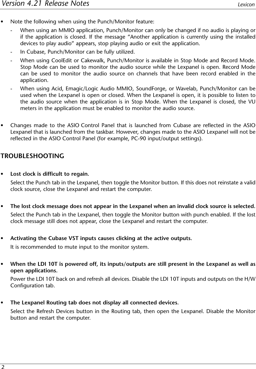 Page 2 of 2 - Lexicon Studio Core32 V421 PC Release Notes Revision 0 Rn Rev0 Original