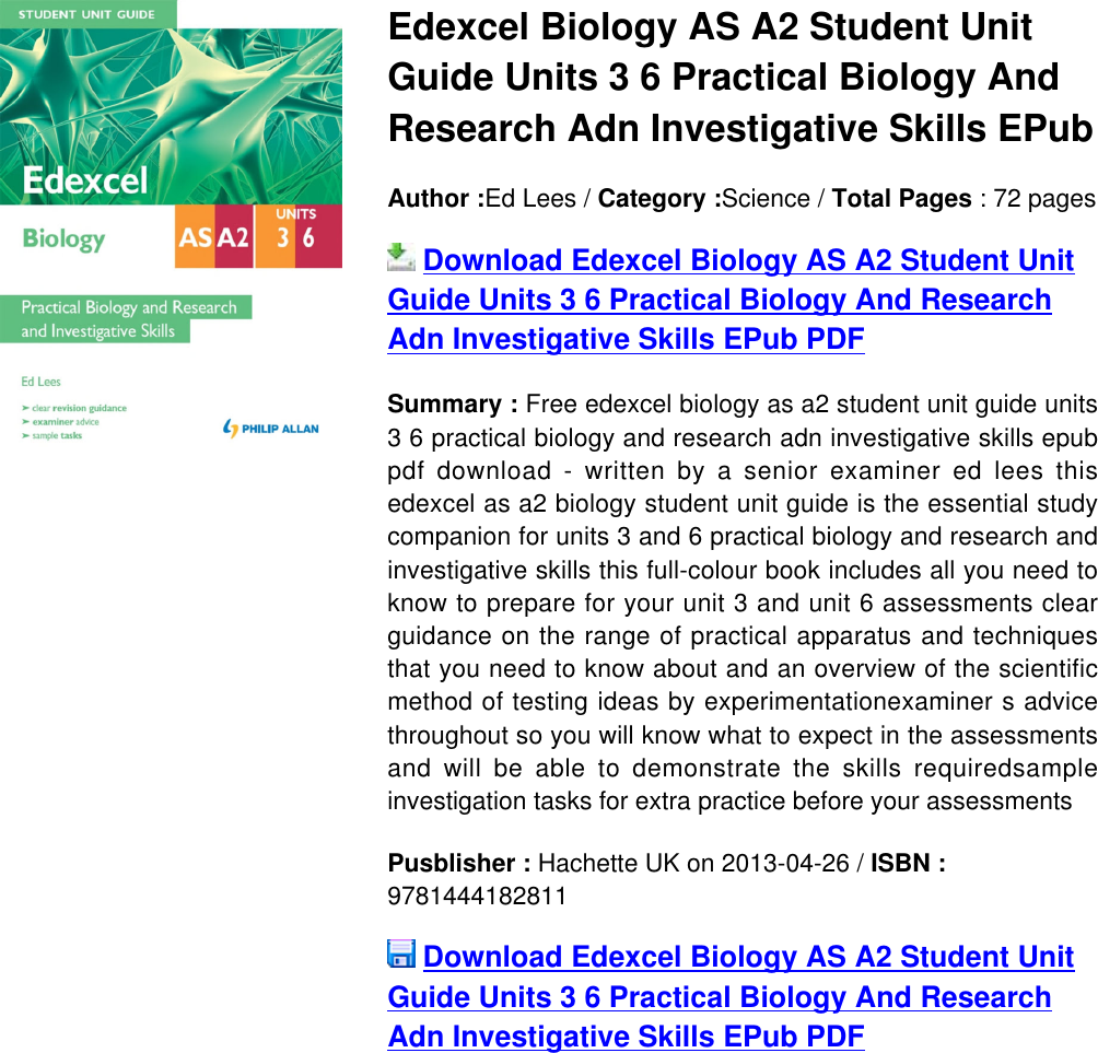 Page 1 of 2 - EDEXCEL BIOLOGY AS A2 STUDENT UNIT GUIDE UNITS 3 6 PRACTICAL AND RESEARCH ADN INVESTIGATIVE SKILLS EPUB Edexcel-biology-as-a2-student-unit-guide-units-3-6-practical-biology-and-research-adn-investigative-skills-epub