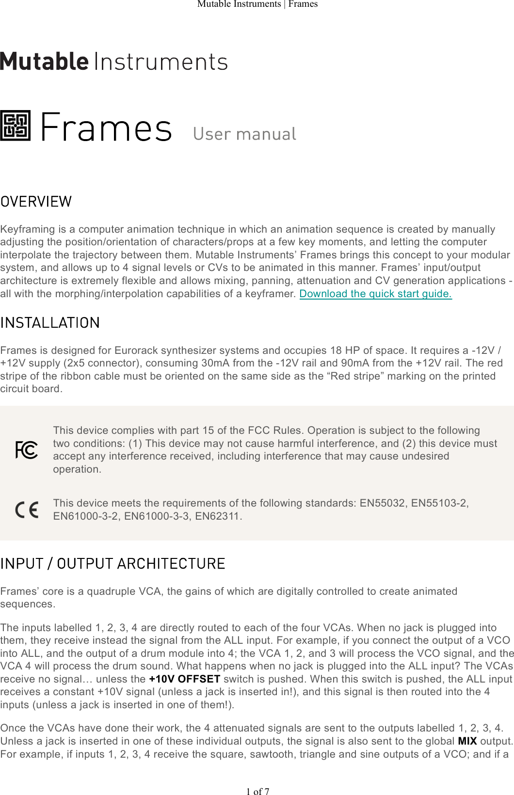 Page 1 of 7 - Mutable Instruments | Frames User Manual