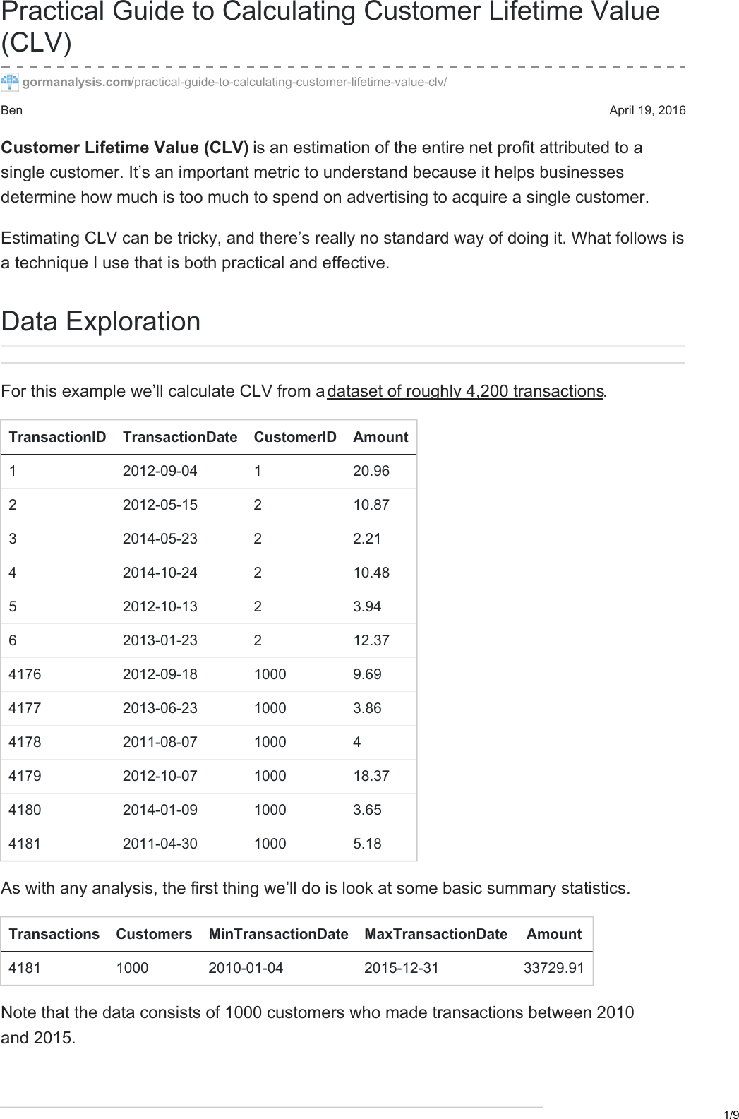 Page 1 of 9 - Practical Guide To Calculating Customer Lifetime Value (CLV) Gormanalysis.com-Practical CLV