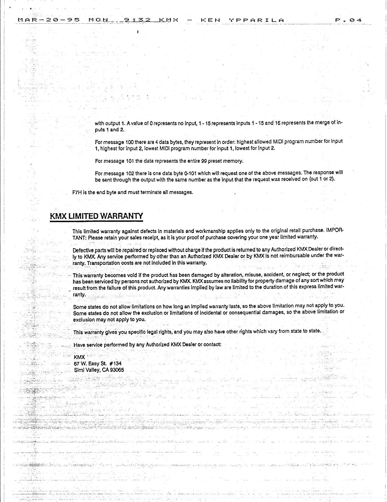 Page 4 of 4 - KMX MIDI Central User's Manual [PDF]