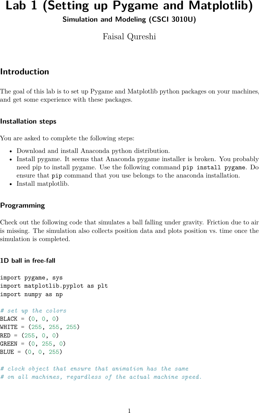 Page 1 of 5 - Lab 1 (Setting Up Pygame And Matplotlib) Lab1 Instructions