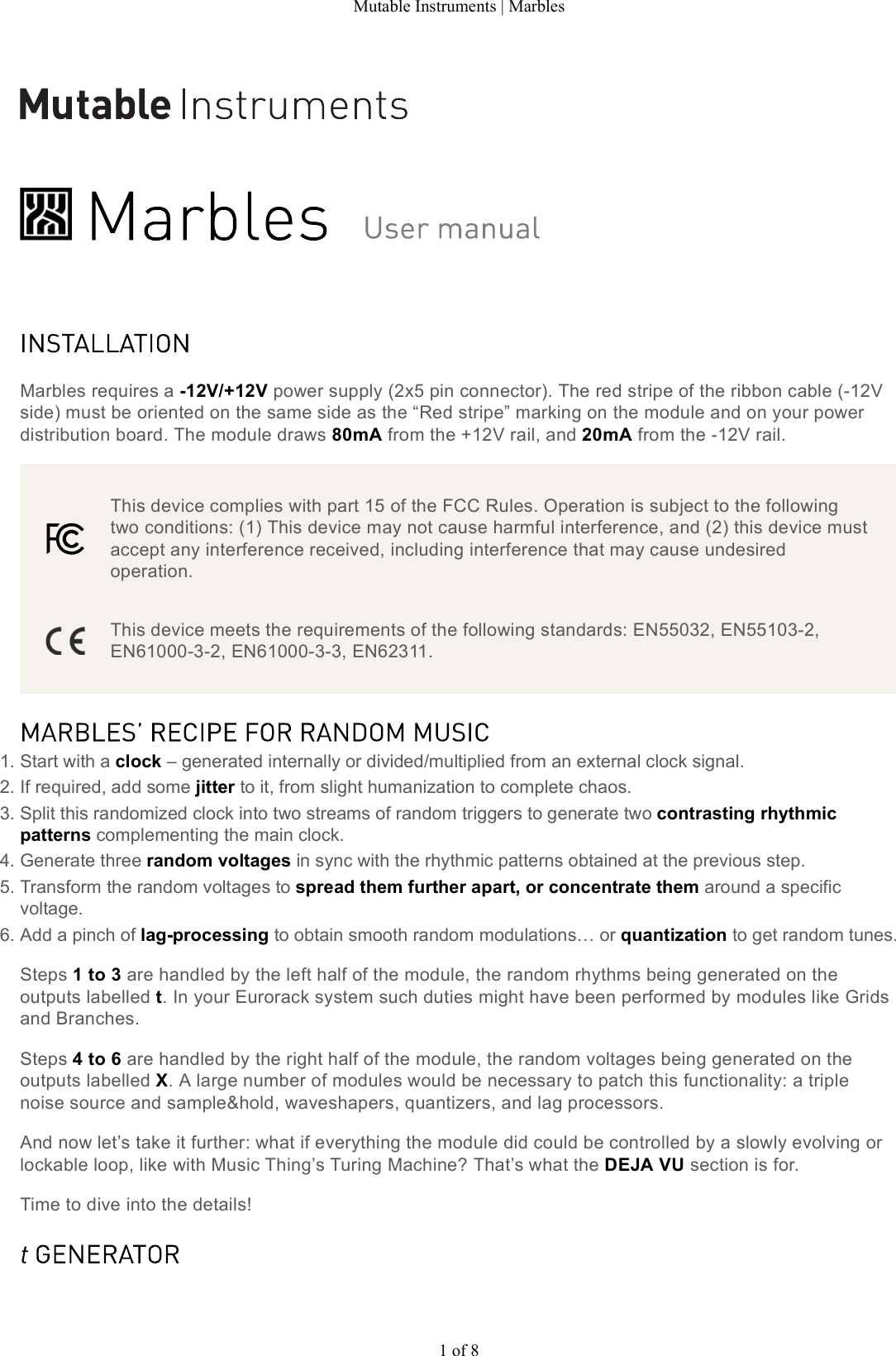 Page 1 of 8 - Mutable Instruments | Marbles User Manual