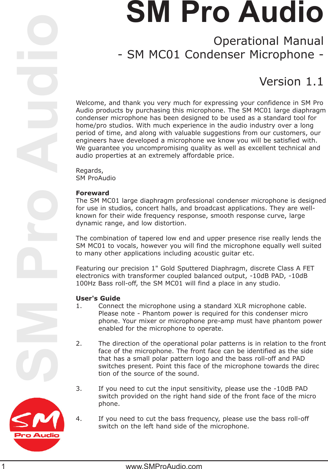 Page 1 of 2 - MC01_r1_man SM Pro Audio MC01 Operating Manual (English) Manualeng