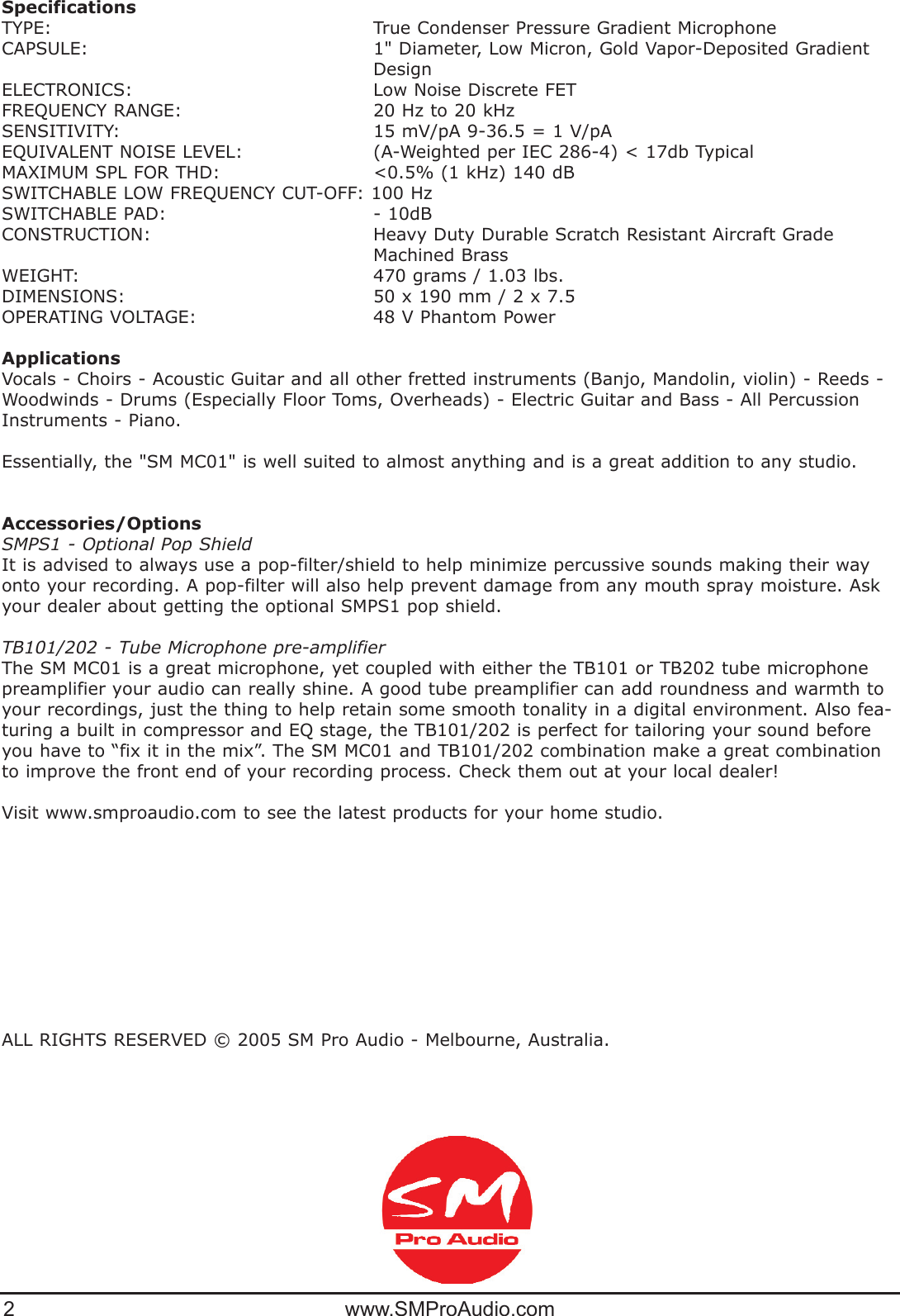 Page 2 of 2 - MC01_r1_man SM Pro Audio MC01 Operating Manual (English) Manualeng