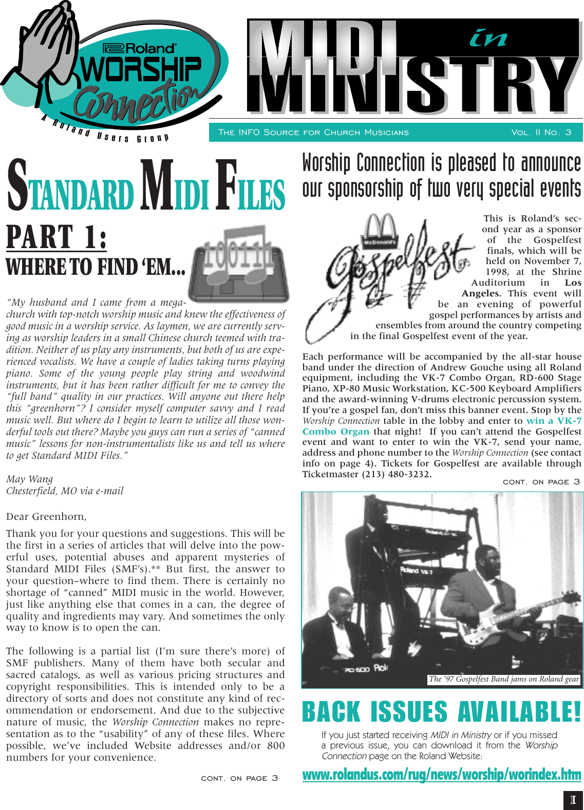 Page 1 of 4 - Worship Connec. 10/98-- Roland Corporation MIDI In Ministry Newsletters Vol. 2, No. 3 Mim V02 03