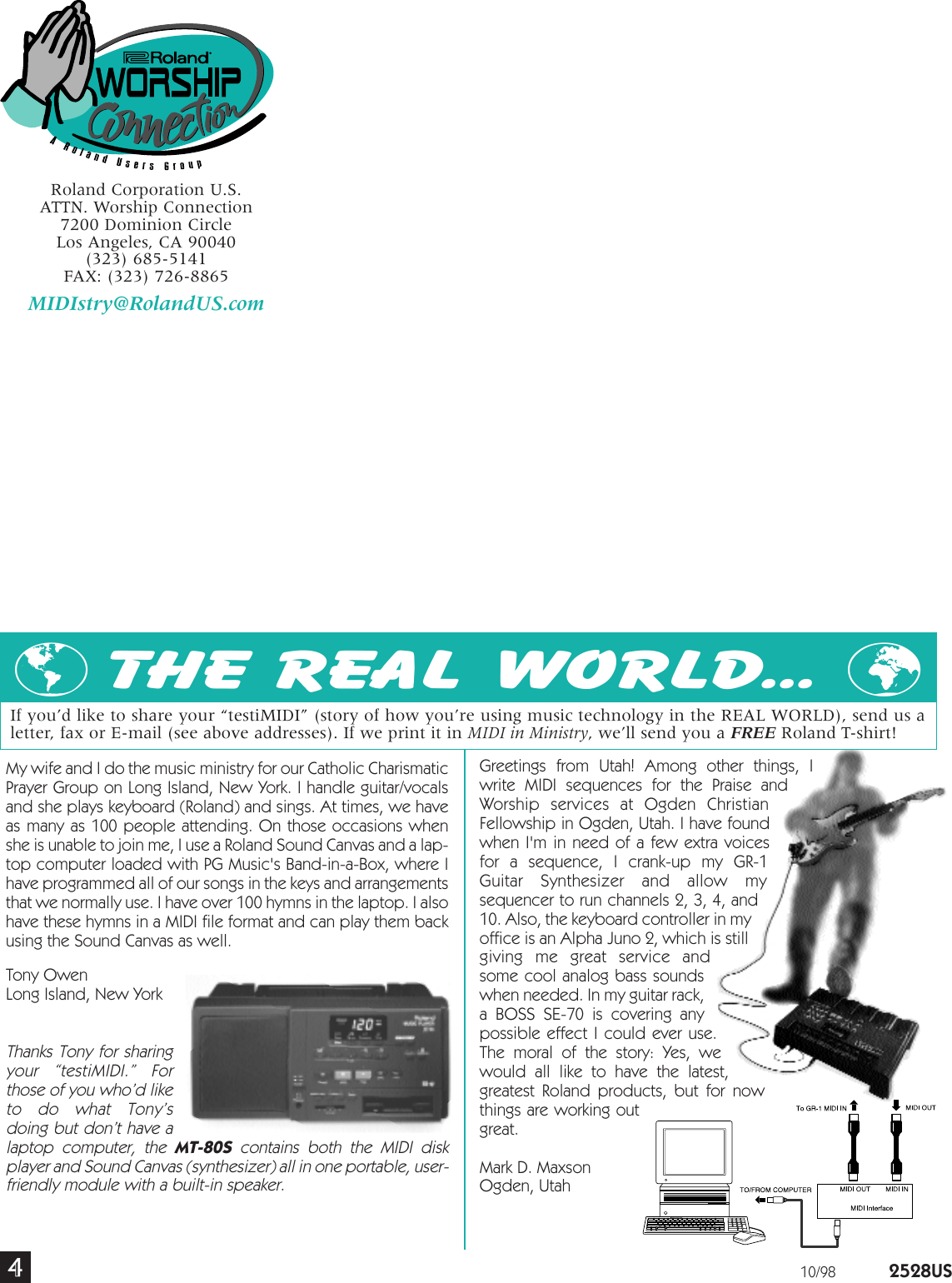Page 4 of 4 - Worship Connec. 10/98-- Roland Corporation MIDI In Ministry Newsletters Vol. 2, No. 3 Mim V02 03