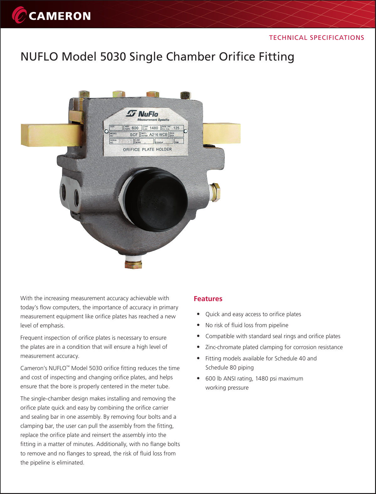 Page 1 of 2 - NUFLO  5030 Single Chamber Orifice Fitting Data Sheet Nuflo--5030-data-sheet