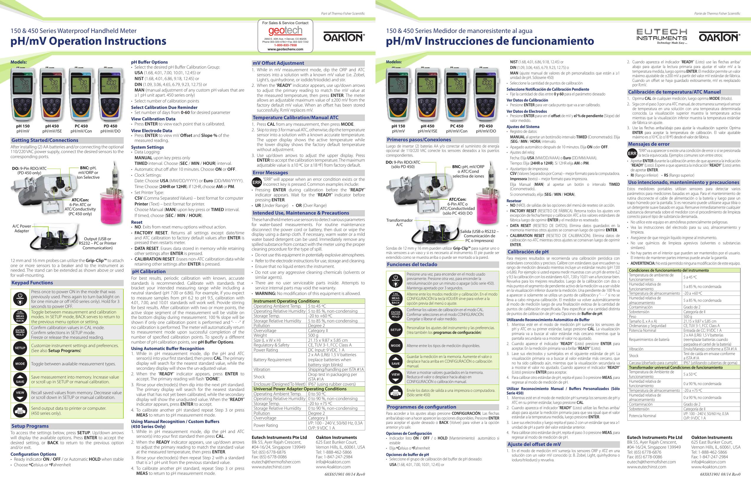 Page 1 of 4 - Oakton 150 & 450 PH/mV Meter Operation Instructions 150-450 Ph