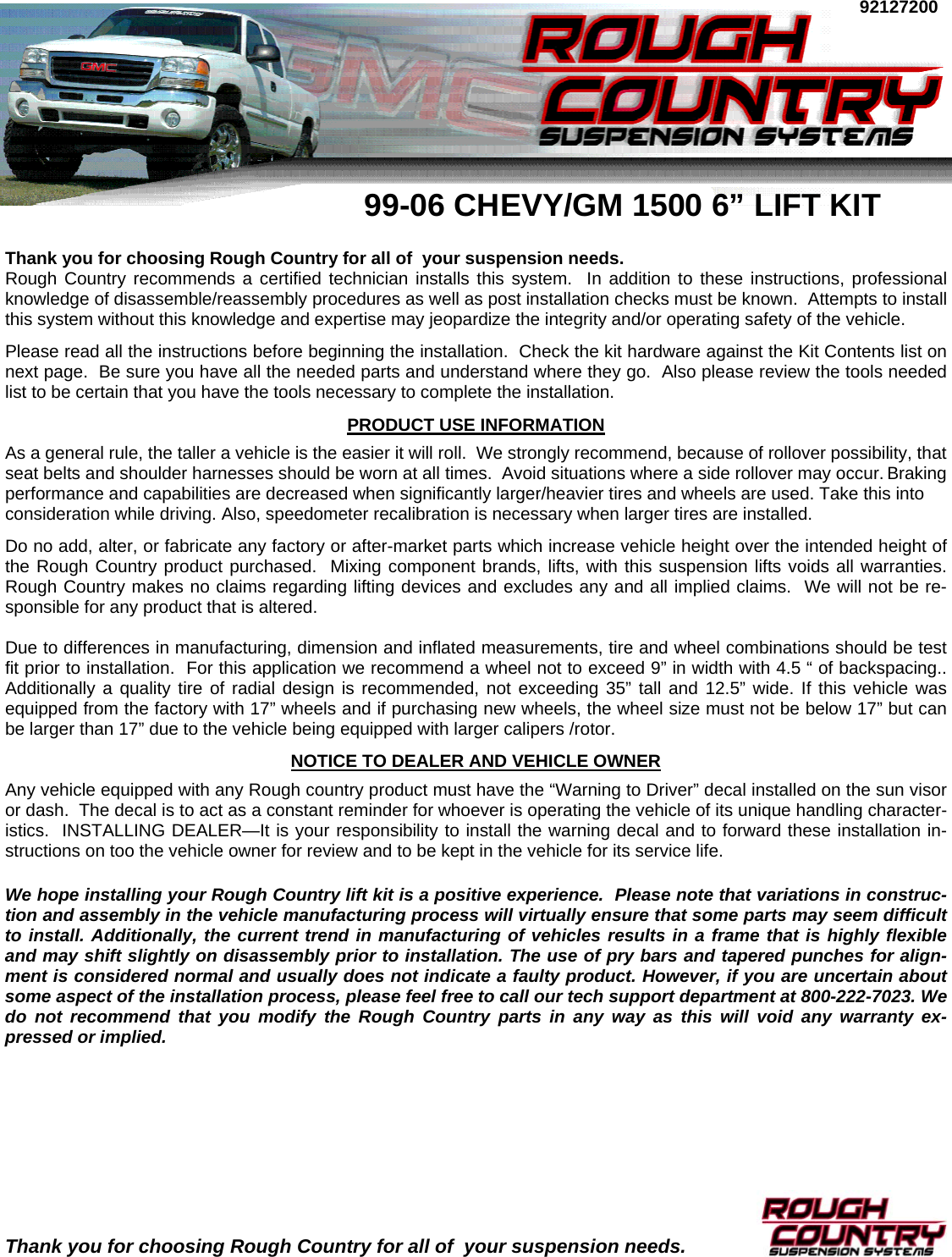 Page 1 of 12 - 1272 99-06 1500 6inch Lift Kit Rsc_1272 Rsc