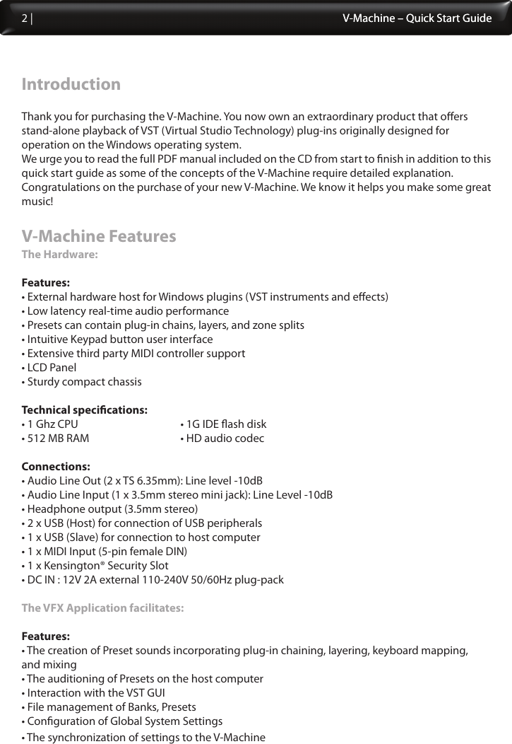 Page 2 of 8 - SM Pro Audio V-Machine Quick Start Guide V1.0 Vmachine Quickstart