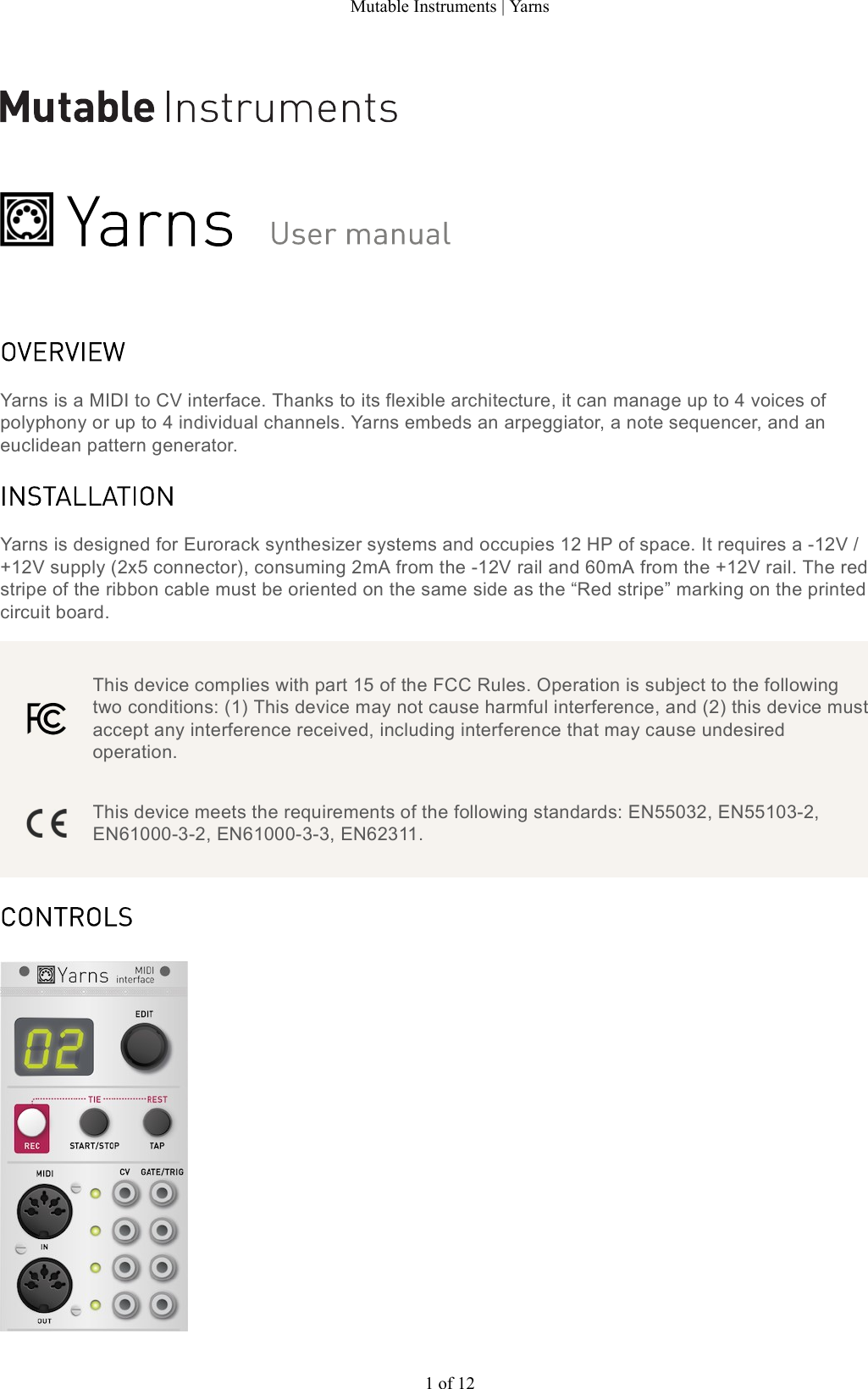Page 1 of 12 - Mutable Instruments | Yarns User Manual