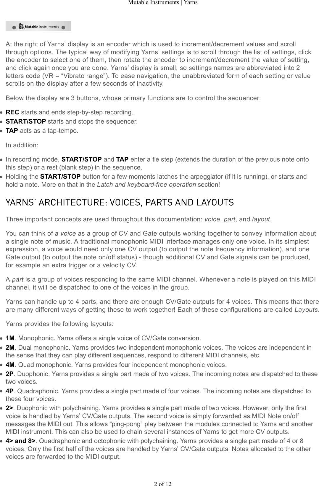 Page 2 of 12 - Mutable Instruments | Yarns User Manual