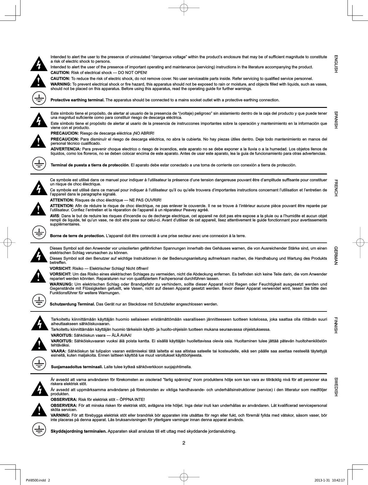 2,QWHQGHGWRDOHUWWKHXVHUWRWKHSUHVHQFHRIXQLQVXODWHG³GDQJHURXVYROWDJH´ZLWKLQWKHSURGXFW¶VHQFORVXUHWKDWPD\EHRIVXI¿FLHQWPDJQLWXGHWRFRQVWLWXWHa risk of electric shock to persons.Intended to alert the user of the presence of important operating and maintenance (servicing) instructions in the literature accompanying the product.CAUTION: Risk of electrical shock — DO NOT OPEN!CAUTION: 7RUHGXFHWKHULVNRIHOHFWULFVKRFNGRQRWUHPRYHFRYHU1RXVHUVHUYLFHDEOHSDUWVLQVLGH5HIHUVHUYLFLQJWRTXDOL¿HGVHUYLFHSHUVRQQHOWARNING:7RSUHYHQWHOHFWULFDOVKRFNRU¿UHKD]DUGWKLVDSSDUDWXVVKRXOGQRWEHH[SRVHGWRUDLQRUPRLVWXUHÃDQGREMHFWV¿OOHGZLWKOLTXLGVÃVXFKDVYDVHVÃVKRXOGQRWEHSODFHGRQWKLVDSSDUDWXV%HIRUHXVLQJWKLVDSSDUDWXVÃUHDGWKHRSHUDWLQJJXLGHIRUIXUWKHUZDUQLQJVProtective earthing terminal. The apparatus should be connected to a mains socket outlet with a protective earthing connection.SPANISHENGLISH FINNISHFRENCH SWEDISHGERMAN7DUNRLWHWWXNLLQQLWWlPllQNl\WWlMlQKXRPLRVHOODLVHHQHULVWlPlWW|PllQYDDUDOOLVHHQMlQQLWWHHVHHQWXRWWHHQNRWHORVVDMRNDVDDWWDDROODULLWWlYlQVXXULDLKHXWWDDNVHHQVlKN|LVNXYDDUDQ7DUNRLWHWWXNLLQQLWWlPllQNl\WWlMlQKXRPLRWlUNHLVLLQNl\WW|MDKXROWRRKMHLVLLQWXRWWHHQPXNDQDVHXUDDYDVVDRKMHLVWXNVHVVDVAROITUS: 6lKN|LVNXQYDDUD²b/b$9$$VAROITUS: 6lKN|LVNXYDDUDQYXRNVLlOlSRLVWDNDQWWD(LVLVlOOlNl\WWlMlQKXROOHWWDYLVVDROHYLDRVLD+XROWDPLQHQWXOHHMlWWllSlWHYlQKXROWRKHQNLO|VW|Qtehtäväksi.VAARA: 6lKN|LVNXQWDLWXOLSDORQYDDUDQHVWlPLVHNVLWlWlODLWHWWDHLVDDDOWLVWDDVDWHHOOHWDLNRVWHXGHOOHHLNlVHQSllOOHVDDDVHWWDDQHVWHHOOlWl\WHWW\MlHVLQHLWlNXWHQPDOMDNRLWD(QQHQODLWWHHQNl\WW|lOXHPXXWYDURLWXNVHWNl\WW|RKMHHVWDSuojamaadoitus terminaali./DLWHWXOHHN\WNHlVlKN|YHUNNRRQVXRMDMRKWLPHOOD&amp;HV\PEROHHVWXWLOLVpGDQVFHPDQXHOSRXULQGLTXHUjO¶XWLOLVDWHXUODSUpVHQFHG¶XQHWHQVLRQGDQJHUHXVHSRXYDQWrWUHG¶DPSOLWXGHVXI¿VDQWHSRXUFRQVWLWXHUun risque de choc électrique.Ce symbole est utilisé dans ce manuel pour indiquer à l’utilisateur qu’il ou qu’elle trouvera d’importantes instructions concernant l’utilisation et l’entretien de l’appareil dans le paragraphe signalé.ATTENTION:5LVTXHVGHFKRFpOHFWULTXH²1(3$62895,5ATTENTION:$¿QGHUpGXLUHOHULVTXHGHFKRFpOHFWULTXHQHSDVHQOHYHUOHFRXYHUFOH,OQHVHWURXYHjO¶LQWpULHXUDXFXQHSLqFHSRXYDQWrWUHUHSDUpHSDUO¶XWLOLVDWHXU&amp;RQ¿H],¶HQWUHWLHQHWODUpSDUDWLRQGHO¶DSSDUHLOjXQUpSDUDWHXU3HDYH\DJUppAVIS&apos;DQVOHEXWGHUHGXLUHOHVULVTXHVG¶LQFHQGLHRXGHGHFKDUJHHOHFWULTXHFHWDSSDUHLOQHGRLWSDVHWUHH[SRVHDODSOXLHRXDO¶KXPLGLWHHWDXFXQREMHWUHPSOLGHOLTXLGHWHOTX¶XQYDVHQHGRLWHWUHSRVHVXUFHOXLFL$YDQWG¶XWLOLVHUGHFHWDSSDUHLOOLVH]DWWHQWLYHPHQWOHJXLGHIRQFWLRQQDQWSRXUDYHUWLVVHPHQWVsupplémentaires.Borne de terre de protection./DSSDUHLOGRLWrWUHFRQQHFWpjXQHSULVHVHFWHXUDYHFXQHFRQQH[LRQjODWHUUHbUDYVHGGDWWYDUQDDQYlQGDUHQI|UI|UHNRPVWHQDYRLVROHUDG´IDUOLJVSlQQLQJ´LQRPSURGXNWHQVK|OMHVRPNDQYDUDDYWLOOUlFNOLJQLYnI|UDWWSHUVRQHUVNDULVNHUDHOHNWULVNVW|WbUDYVHGGDWWXSSPlUNVDPPDDQYlQGDUHQSnI|UHNRPVWHQDYYLNWLJDKDQGKDYDQGHRFKXQGHUKnOOVLQVWUXNWLRQHUVHUYLFHLGHQOLWWHUDWXUVRPPHGI|OMHUprodukten.OBSERVERA:5LVNI|UHOHNWULVNVW|W±g331$,17(OBSERVERA:)|UDWWPLQVNDULVNHQI|UHOHNWULVNVW|WDYOlJVQDLQWHK|OMHW,QJDGHODULQXWLNDQXQGHUKnOODVDYDQYlQGDUHQ/nWNYDOL¿FHUDGVHUYLFHSHUVRQDOVN|WDVHUYLFHQVARNING:)|UDWWI|UHE\JJDHOHNWULVNVW|WHOOHUEUDQGULVNE|UDSSDUDWHQLQWHXWVlWWDVI|UUHJQHOOHUIXNWRFKI|UHPnOI\OOGDPHGYlWVNRUVnVRPYDVHUE|ULQWHSODFHUDVSnGHQQDDSSDUDW/lVEUXNVDQYLVQLQJHQI|U\WWHUOLJDUHYDUQLQJDULQQDQGHQQDDSSDUDWDQYlQGVSkyddsjordning terminalen.$SSDUDWHQVNDOODQVOXWDVWLOOHWWXWWDJPHGVN\GGDQGHMRUGDQVOXWQLQJDieses Symbol soll den Anwender vor unisolierten gefährlichen Spannungen innerhalb des Gehäuses warnen, die von Ausreichender Stärke sind, um einen HOHNWULVFKHQ6FKODJYHUXUVDFKHQ]XN|QQHQ&apos;LHVHV6\PEROVROOGHQ%HQXW]HUDXIZLFKWLJH,QVWUXNWLRQHQLQGHU%HGLHQXQJVDQOHLWXQJDXIPHUNVDPPDFKHQGLH+DQGKDEXQJXQG:DUWXQJGHV3URGXNWVbetreffen.VORSICHT:5LVLNR²(OHNWULVFKHU6FKODJ1LFKW|IIQHQVORSICHT:8PGDV5LVLNRHLQHVHOHNWULVFKHQ6FKODJHV]XYHUPHLGHQQLFKWGLH$EGHFNXQJHQIHUQHQ(VEH¿QGHQVLFKNHLQH7HLOHGDULQGLHYRP$QZHQGHUUHSDULHUWZHUGHQN|QQWHQ5HSDUDWXUHQQXUYRQTXDOL¿]LHUWHP)DFKSHUVRQDOGXUFKIKUHQODVVHQWARNUNG:8PHOHNWULVFKHQ6FKODJRGHU%UDQGJHIDKU]XYHUKLQGHUQVROOWHGLHVHU$SSDUDWQLFKW5HJHQRGHU)HXFKWLJNHLWDXVJHVHW]WZHUGHQXQG*HJHQVWlQGHPLW)OVVLJNHLWHQJHIXHOOWZLH9DVHQQLFKWDXIGLHVHQ$SSDUDWJHVHW]WZHUGHQ%HYRUGLHVHU$SSDUDWYHUZHQGHWZLUGOHVHQ6LHELWWHGHQ)XQNWLRQVIKUHUIUZHLWHUH:DUQXQJHQSchutzerdung Terminal.&apos;DV*HUlWQXUDQ6WHFNGRVHPLW6FKXW]OHLWHUDQJHVFKORVVHQZHUGHQ(VWHVtPERORWLHQHHOSURSyVLWRGHDOHUWDUDOXVXDULRGHODSUHVHQFLDGH³YROWDMHSHOLJURVR´VLQDLVODPLHQWRGHQWURGHODFDMDGHOSURGXFWR\TXHSXHGHWHQHUXQDPDJQLWXGVX¿FLHQWHFRPRSDUDFRQVWLWXLUULHVJRGHGHVFDUJDHOpFWULFDEste símbolo tiene el propósito de alertar al usario de la presencia de instruccones importantes sobre la operación y mantenimiento en la información que viene con el producto.PRECAUCION: Riesgo de descarga eléctrica ¡NO ABRIR!PRECAUCION:3DUDGLVPLQXtUHOULHVJRGHGHVFDUJDHOpFWULFDQRDEUDODFXELHUWD1RKD\SLH]DV~WLOHVGHQWUR&apos;HMHWRGRPDQWHQLPLHQWRHQPDQRVGHOSHUVRQDOWpFQLFRFXDOL¿FDGRADVERTENCIA:3DUDSUHYHQLUFKRTXHHOHFWULFRRULHVJRGHLQFHQGLRVHVWHDSDUDWRQRVHGHEHH[SRQHUDODOOXYLDRDODKXPHGDG/RVREMHWRVOOHQRVGHOLTXLGRVFRPRORVÀRUHURVQRVHGHEHQFRORFDUHQFLPDGHHVWHDSDUDWR$QWHVGHXVDUHVWHDSDUDWROHDODJXLDGHIXQFLRQDPLHQWRSDUDRWUDVDGYHUWHQFLDVTerminal de puesta a tierra de protección(ODSDUDWRGHEHHVWDUFRQHFWDGRDXQDWRPDGHFRUULHQWHFRQFRQH[LyQDWLHUUDGHSURWHFFLyQPVi8500.indd   2 2013-1-31   10:42:17