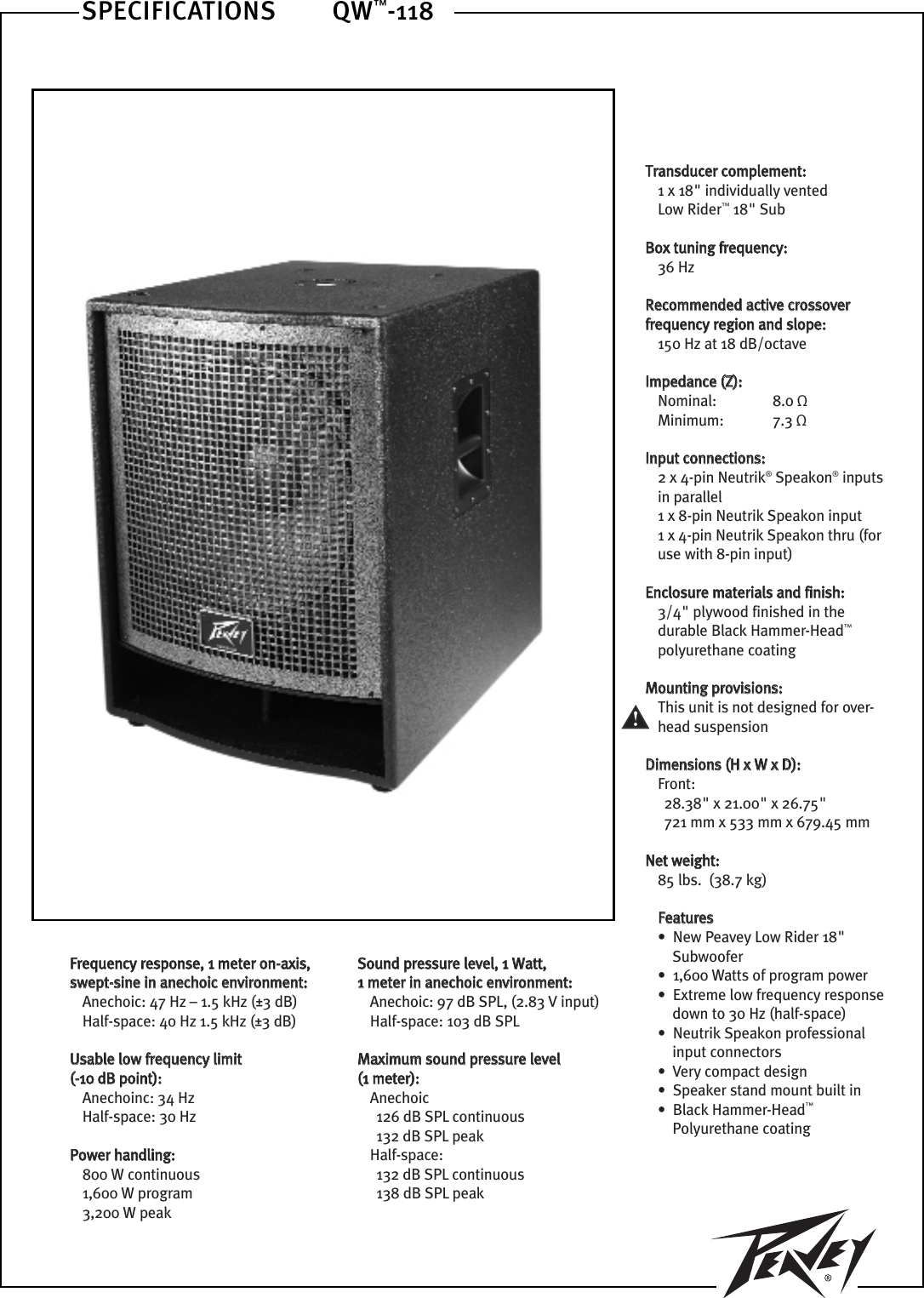 Page 1 of 4 - Peavey Peavey-Electronics-Speaker-Qw-118-Users-Manual- QW-118 Ss1  Peavey-electronics-speaker-qw-118-users-manual