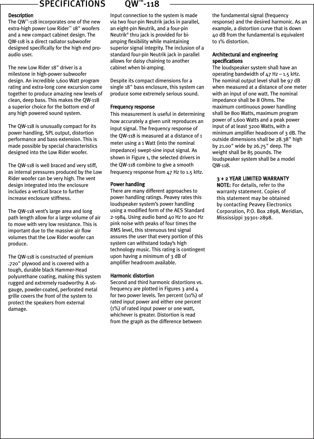 Page 2 of 4 - Peavey Peavey-Electronics-Speaker-Qw-118-Users-Manual- QW-118 Ss1  Peavey-electronics-speaker-qw-118-users-manual