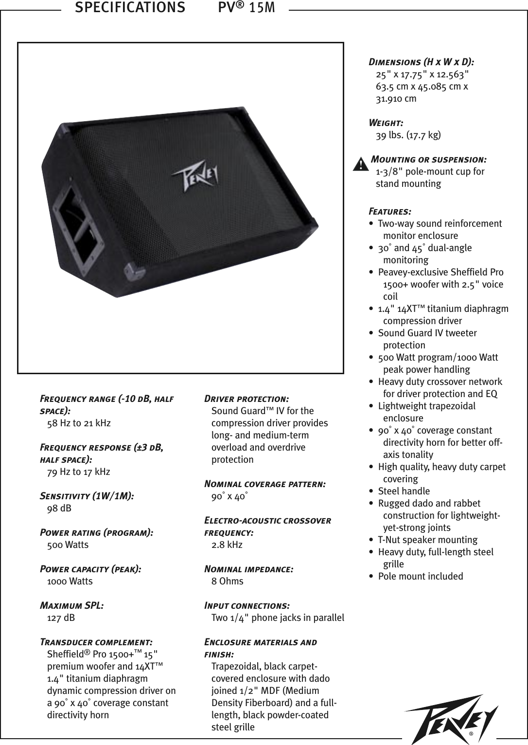 Page 1 of 2 - Peavey Peavey-Pv-15M-Users-Manual- PV15Ma  Peavey-pv-15m-users-manual