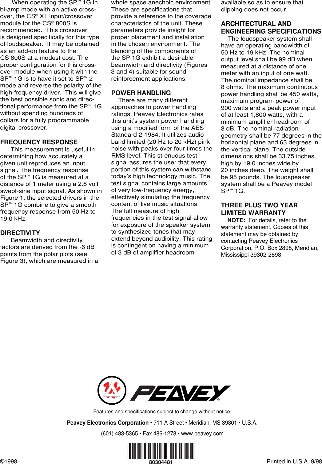 Page 4 of 4 - Peavey Peavey-Sp-1G-Users-Manual- SP 1G S/G Ss  Peavey-sp-1g-users-manual