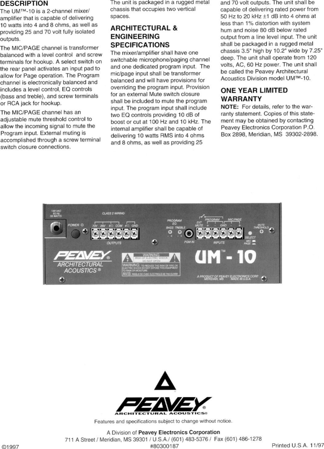 Peavey Um 10 Users Manual