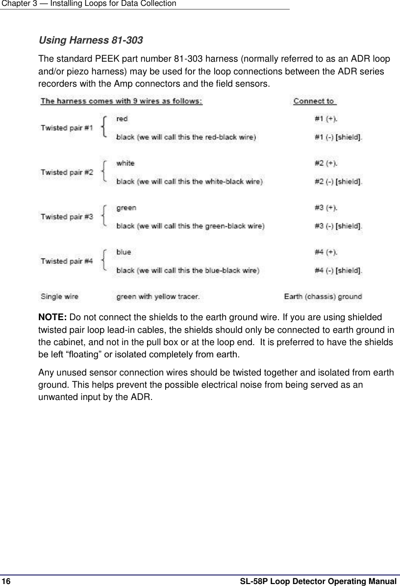 Chapter 3 — Installing Loops for Data Collection 16 SL-58P Loop Detector Operating Manual Using Harness 81-303  The standard PEEK part number 81-303 harness (normally referred to as an ADR loop and/or piezo harness) may be used for the loop connections between the ADR series recorders with the Amp connectors and the field sensors.   NOTE: Do not connect the shields to the earth ground wire. If you are using shielded twisted pair loop lead-in cables, the shields should only be connected to earth ground in the cabinet, and not in the pull box or at the loop end.  It is preferred to have the shields be left “floating” or isolated completely from earth. Any unused sensor connection wires should be twisted together and isolated from earth ground. This helps prevent the possible electrical noise from being served as an unwanted input by the ADR.  