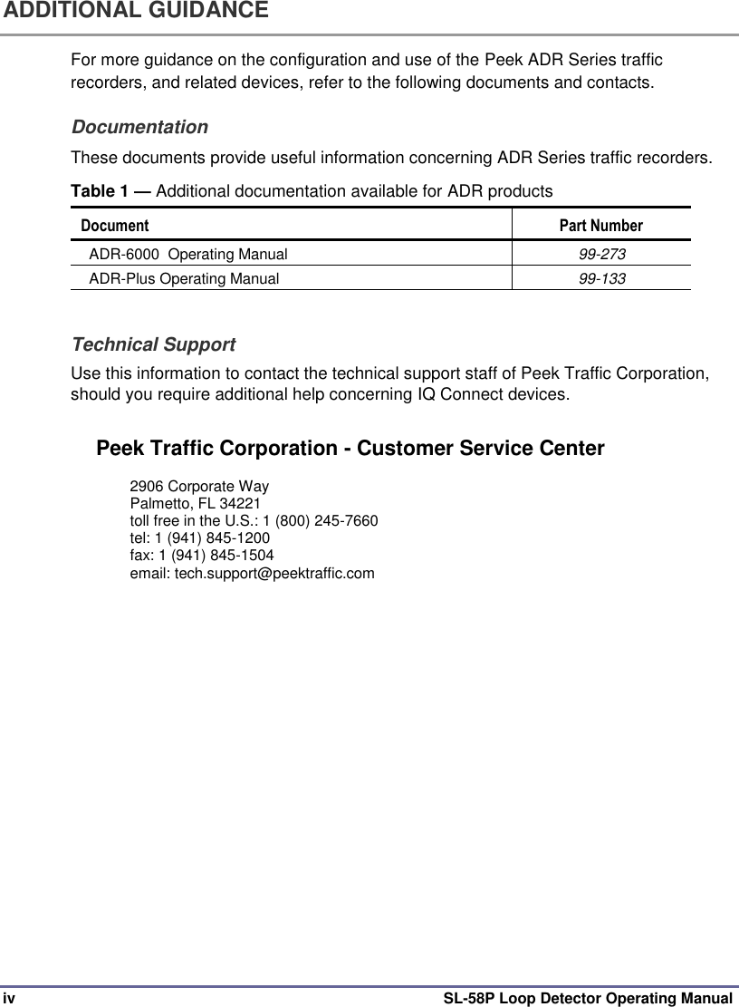 iv SL-58P Loop Detector Operating Manual ADDITIONAL GUIDANCE  For more guidance on the configuration and use of the Peek ADR Series traffic recorders, and related devices, refer to the following documents and contacts. Documentation These documents provide useful information concerning ADR Series traffic recorders. Table 1 — Additional documentation available for ADR products Document Part Number ADR-6000  Operating Manual 99-273 ADR-Plus Operating Manual 99-133  Technical Support Use this information to contact the technical support staff of Peek Traffic Corporation, should you require additional help concerning IQ Connect devices. Peek Traffic Corporation - Customer Service Center  2906 Corporate Way Palmetto, FL 34221 toll free in the U.S.: 1 (800) 245-7660 tel: 1 (941) 845-1200 fax: 1 (941) 845-1504 email: tech.support@peektraffic.com  