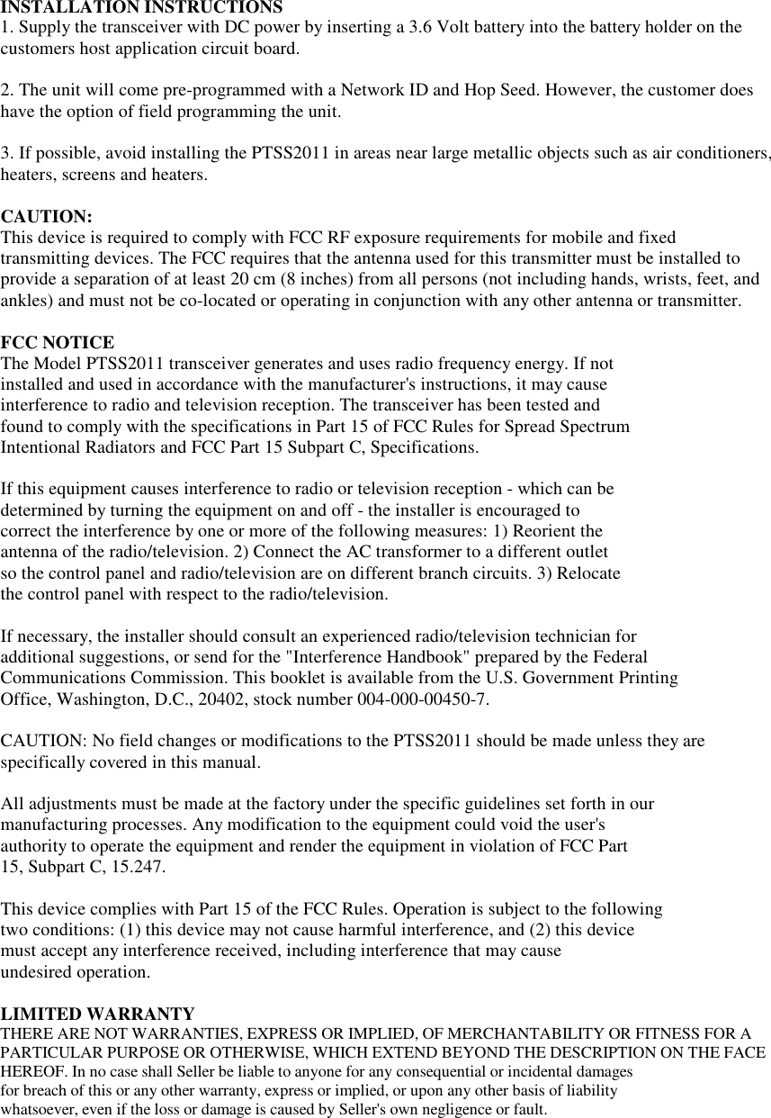 Pegasus Technologies PTSS2011 TRANSMITTER MODULE User Manual PTSS2011
