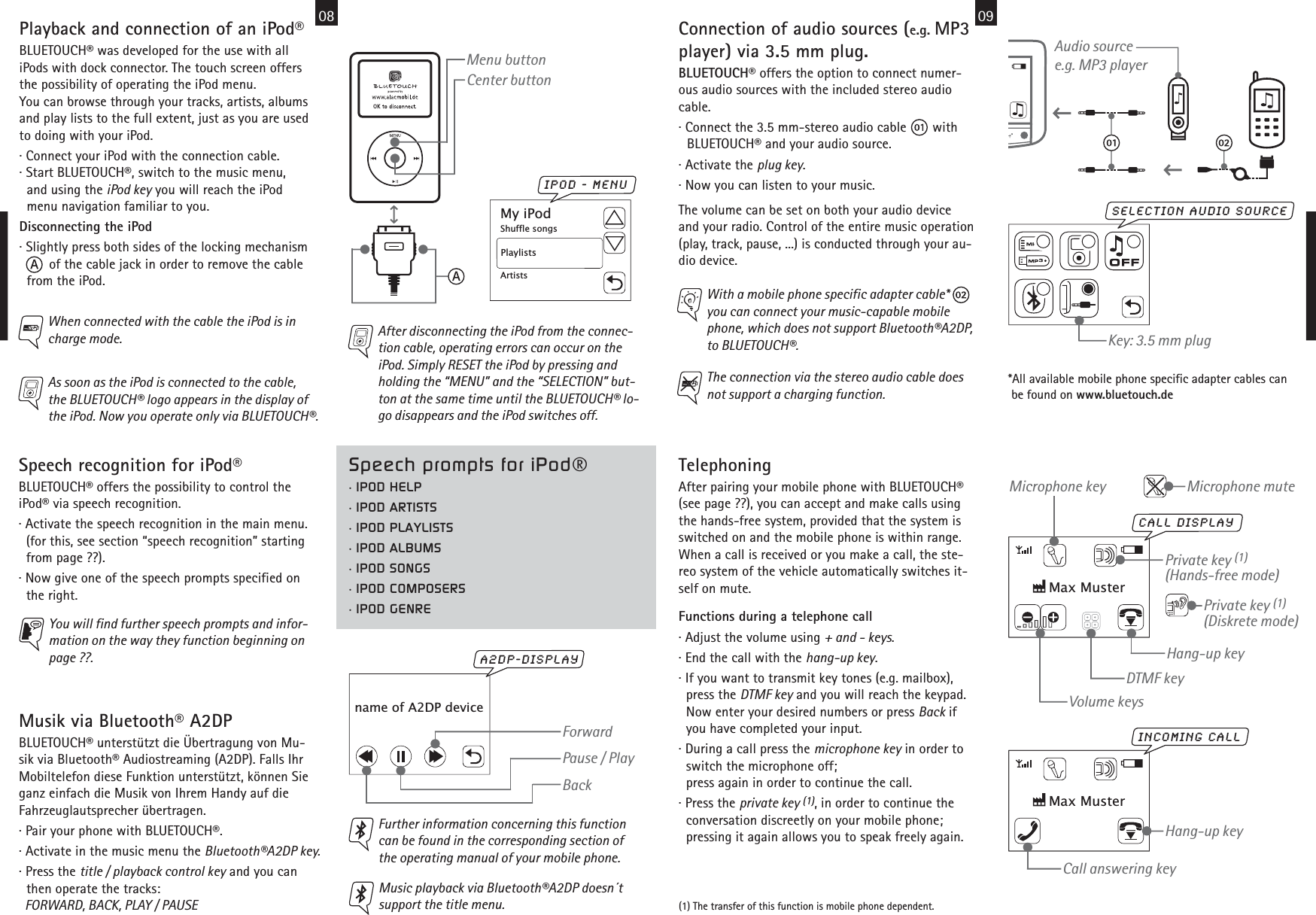 08ipod - MenuMy iPodShuffle songsPlaylistsArtistsMusik via Bluetooth® A2DPBLUETOUCH® unterstützt die Übertragung von Mu-sik via Bluetooth® Audiostreaming (A2DP). Falls IhrMobiltelefon diese Funktion unterstützt, können Sieganz einfach die Musik von Ihrem Handy auf dieFahrzeuglautsprecher übertragen.· Pair your phone with BLUETOUCH®.· Activate in the music menu the Bluetooth®A2DP key. · Press the title / playback control key and you can  then operate the tracks:  FORWARD, BACK, PLAY / PAUSEMusic playback via Bluetooth®A2DP doesn´tsupport the title menu.  Speech recognition for iPod®BLUETOUCH® offers the possibility to control theiPod® via speech recognition.· Activate the speech recognition in the main menu.  (for this, see section “speech recognition” starting  from page ??).· Now give one of the speech prompts specified on  the right. You will find further speech prompts and infor-mation on the way they function beginning onpage ??. 09Key: 3.5 mm plugThe connection via the stereo audio cable doesnot support a charging function.With a mobile phone specific adapter cable*you can connect your music-capable mobilephone, which does not support Bluetooth®A2DP,to BLUETOUCH®. Audio sourcee.g. MP3 player*All available mobile phone specific adapter cables can be found on www.bluetouch.deConnection of audio sources (e.g. MP3player) via 3.5 mm plug.BLUETOUCH® offers the option to connect numer-ous audio sources with the included stereo audiocable.· Connect the 3.5 mm-stereo audio cable       with  BLUETOUCH® and your audio source.· Activate the plug key.· Now you can listen to your music.The volume can be set on both your audio deviceand your radio. Control of the entire music operation(play, track, pause, ...) is conducted through your au-dio device.Menu buttonCenter buttonAs soon as the iPod is connected to the cable,the BLUETOUCH® logo appears in the display ofthe iPod. Now you operate only via BLUETOUCH®.   When connected with the cable the iPod is incharge mode.Playback and connection of an iPod®BLUETOUCH® was developed for the use with alliPods with dock connector. The touch screen offersthe possibility of operating the iPod menu. You can browse through your tracks, artists, albumsand play lists to the full extent, just as you are usedto doing with your iPod.· Connect your iPod with the connection cable.· Start BLUETOUCH®, switch to the music menu,  and using the iPod key you will reach the iPod  menu navigation familiar to you.Disconnecting the iPod· Slightly press both sides of the locking mechanism        of the cable jack in order to remove the cable  from the iPod.After disconnecting the iPod from the connec-tion cable, operating errors can occur on theiPod. Simply RESET the iPod by pressing andholding the “MENU” and the “SELECTION” but-ton at the same time until the BLUETOUCH® lo-go disappears and the iPod switches off.   Speech prompts for iPod®• IPOD HELP• IPOD ARTISTS• IPOD PLAYLISTS• IPOD ALBUMS• IPOD SONGS• IPOD COMPOSERS• IPOD GENRE Further information concerning this functioncan be found in the corresponding section ofthe operating manual of your mobile phone.  A2DP-displayForwardPause / PlayBackname of A2DP deviceselection audio source(1) The transfer of this function is mobile phone dependent.Max MusterMax MusterCall answering keyIncoming callHang-up keyVolume keysDTMF keyHang-up keyCall DisplayMicrophone key Microphone mutePrivate key (1)(Hands-free mode)Private key (1)(Diskrete mode)TelephoningAfter pairing your mobile phone with BLUETOUCH® (see page ??), you can accept and make calls usingthe hands-free system, provided that the system isswitched on and the mobile phone is within range.When a call is received or you make a call, the ste-reo system of the vehicle automatically switches it-self on mute.Functions during a telephone call· Adjust the volume using + and - keys.· End the call with the hang-up key.· If you want to transmit key tones (e.g. mailbox),  press the DTMF key and you will reach the keypad.  Now enter your desired numbers or press Back if  you have completed your input.· During a call press the microphone key in order to  switch the microphone off;  press again in order to continue the call.· Press the private key (1), in order to continue the  conversation discreetly on your mobile phone;  pressing it again allows you to speak freely again.