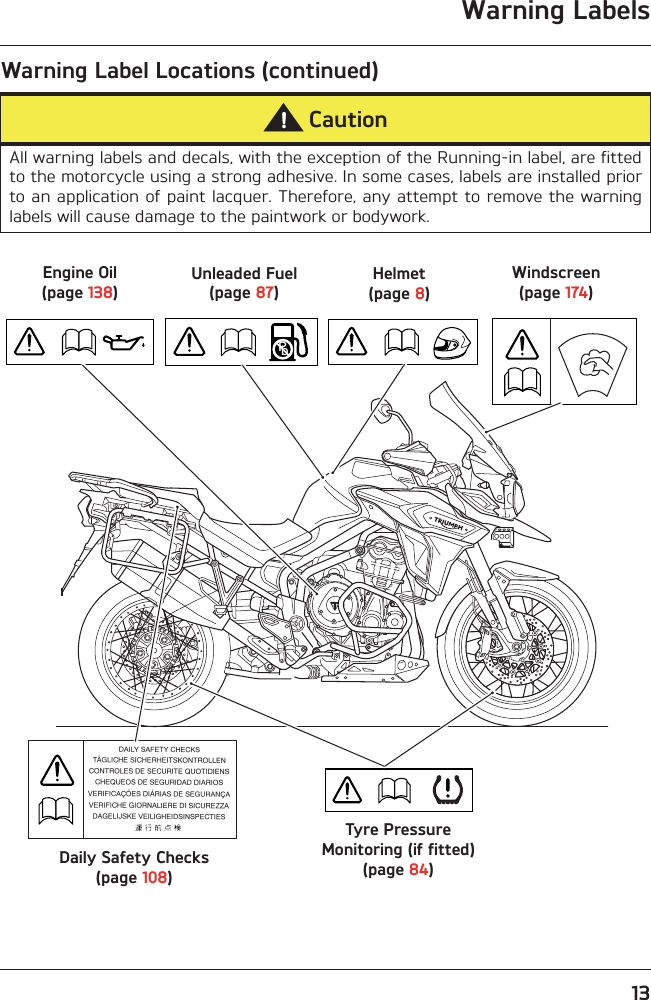 13Warning LabelsWarning Label Locations (continued)CautionAll warning labels and decals, with the exception of the Running-in label, are fittedto the motorcycle using a strong adhesive. In some cases, labels are installed priorto an application of paint lacquer. Therefore, any attempt to remove the warninglabels will cause damage to the paintwork or bodywork.PbDaily Safety Checks(page 108)Helmet(page 8)Unleaded Fuel(page 87)Engine Oil(page 138)Windscreen(page 174)Tyre Pressure Monitoring (if fitted) (page 84)