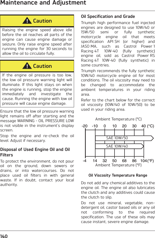 Maintenance and Adjustment140Ensure that the low oil pressure warninglight  remains  off  after  starting  and  themessage WARNING - OIL PRESSURE LOWis not visible in the instrument&apos;s displayscreen.Stop  the  engine  and  re-check  the  oillevel. Adjust if necessary.Disposal of Used Engine Oil and Oil FiltersTo protect the environment, do not pouroil  on  the  ground,  down  sewers  ordrains,  or  into  watercourses.  Do  notplace  used  oil  filters  in  with  generalwaste.  If  in  doubt,  contact  your  localauthority.Oil Specification and GradeTriumph  high  performance  fuel  injectedengines  are  designed  to  use 10W/40  or15W/50  semi  or  fully  syntheticmotorcycle  engine  oil  that  meetsspecification  API SH  (or  higher)  andJASO MA,  such  as  Castrol  Power 1Racing 4T  10W-40  (fully  synthetic)engine  oil,  sold  as  Castrol  Power RSRacing 4T  10W-40  (fully  synthetic)  insome countries.Triumph recommends the fully synthetic10W/40  motorcycle  engine  oil  for  mostconditions. The oil viscosity may need tobe  changed  to  accommodate  theambient  temperatures  in  your  ridingarea.Refer to the chart below for the correctoil  viscosity  (10W/40  of  10W/50)  to  beused in your riding area.Oil Viscosity Temperature RangeDo not add any chemical additives to theengine oil. The engine oil also lubricatesthe clutch and any additives could causethe clutch to slip.Do  not  use  mineral,  vegetable,  non-detergent oil, castor based oils or any oilnot  conforming  to  the  requiredspecification.  The  use  of  these  oils  maycause instant, severe engine damage.CautionRaising  the  engine  speed  above  idlebefore the oil reaches all parts of theengine  can  cause  engine  damage  orseizure. Only raise engine speed afterrunning  the engine  for  30 seconds  toallow the oil to circulate fully.CautionIf  the  engine  oil  pressure  is  too  low,the low oil  pressure warning  light  willilluminate.  If  this  light  stays  on  whenthe engine is running, stop the engineimmediately  and  investigate  thecause. Running the engine with low oilpressure will cause engine damage.-20 -10 0 10 20 30 40-4 14 5032 68 86 104(°C)(°F)Ambient Temperature (°C)Ambient Temperature (°F)SAE 10W/50SAE 10W/40