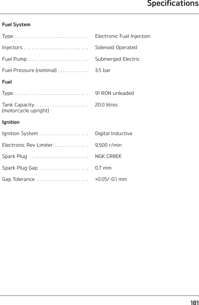 Specifications181Fuel SystemType . . . . . . . . . . . . . . . . . . . . . . . . . . . . .  Electronic Fuel InjectionInjectors . . . . . . . . . . . . . . . . . . . . . . . . .  Solenoid OperatedFuel Pump  . . . . . . . . . . . . . . . . . . . . . . .  Submerged ElectricFuel Pressure (nominal) . . . . . . . . . . . .  3.5 barFuelType . . . . . . . . . . . . . . . . . . . . . . . . . . . . .  91 RON unleadedTank Capacity. . . . . . . . . . . . . . . . . . . . . (motorcycle upright)20.0 litresIgnitionIgnition System . . . . . . . . . . . . . . . . . . .  Digital InductiveElectronic Rev Limiter. . . . . . . . . . . . . .  9,500 r/minSpark Plug  . . . . . . . . . . . . . . . . . . . . . . .  NGK CR8EKSpark Plug Gap  . . . . . . . . . . . . . . . . . . .  0.7 mmGap Tolerance  . . . . . . . . . . . . . . . . . . . .  +0.05/-0.1 mm