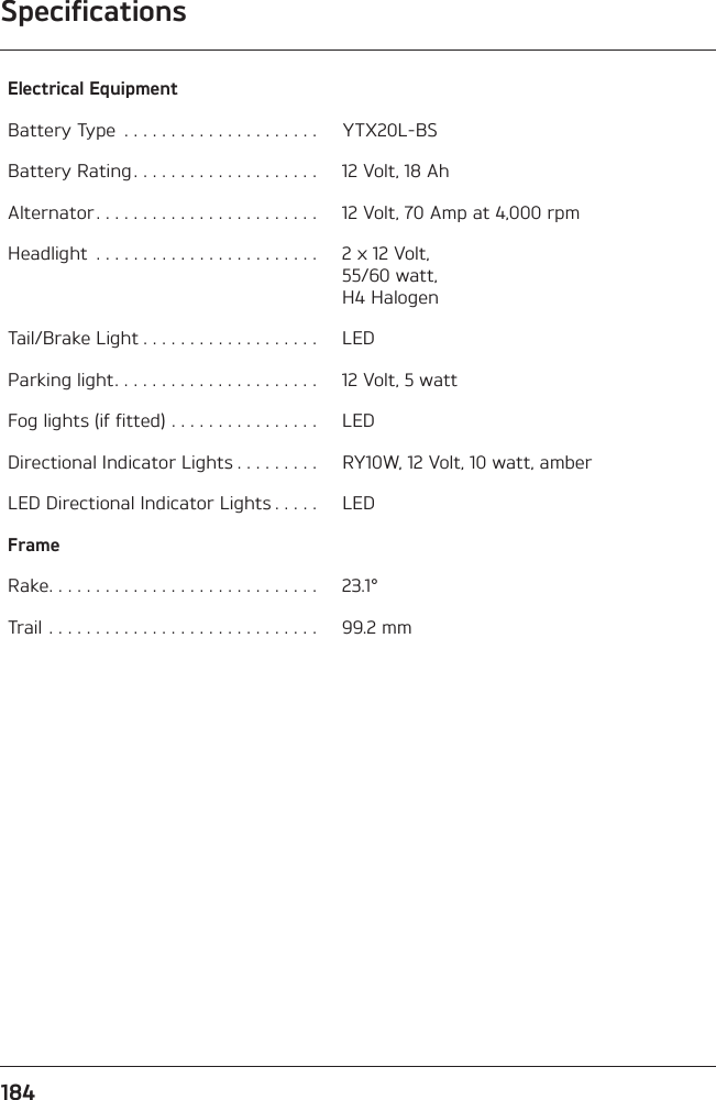 Specifications184Electrical EquipmentBattery Type  . . . . . . . . . . . . . . . . . . . . .  YTX20L-BSBattery Rating . . . . . . . . . . . . . . . . . . . .  12 Volt, 18 AhAlternator . . . . . . . . . . . . . . . . . . . . . . . .  12 Volt, 70 Amp at 4,000 rpmHeadlight  . . . . . . . . . . . . . . . . . . . . . . . .  2 x 12 Volt, 55/60 watt, H4 HalogenTail/Brake Light . . . . . . . . . . . . . . . . . . .  LEDParking light. . . . . . . . . . . . . . . . . . . . . .  12 Volt, 5 wattFog lights (if fitted) . . . . . . . . . . . . . . . .  LEDDirectional Indicator Lights . . . . . . . . .  RY10W, 12 Volt, 10 watt, amberLED Directional Indicator Lights . . . . .  LEDFrameRake. . . . . . . . . . . . . . . . . . . . . . . . . . . . .  23.1°Trail . . . . . . . . . . . . . . . . . . . . . . . . . . . . .  99.2 mm