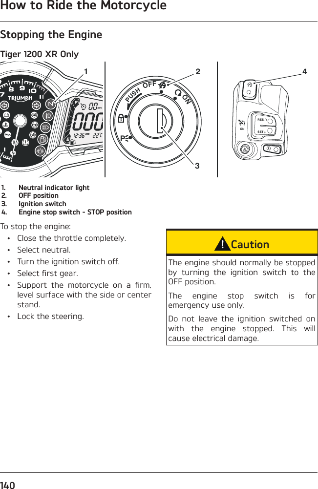 How to Ride the Motorcycle140Stopping the EngineTiger 1200 XR OnlyPUSHPOFFONRES /+SET /-ON34211.  Neutral indicator light2.  OFF position3.  Ignition switch4.  Engine stop switch - STOP positionTo stop the engine:  •  Close the throttle completely. • Select neutral.  •  Turn the ignition switch off.  •  Select first gear.  •  Support the motorcycle on a firm, level surface with the side or center stand.  •  Lock the steering.CautionThe engine should normally be stopped by turning the ignition switch to the OFF position.The engine stop switch is for emergency use only.Do not leave the ignition switched on with the engine stopped. This will cause electrical damage.