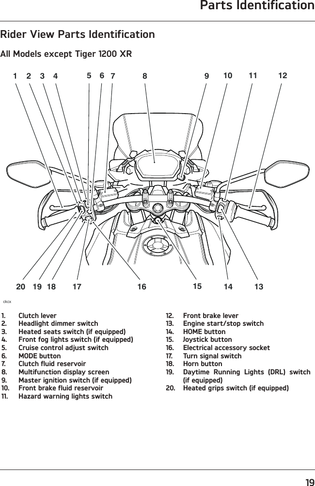 Parts Identification19Rider View Parts IdentificationAll Models except Tiger 1200 XRckcx1 2 34 567 9 10 11 1217181920 1316 148151.  Clutch lever2.  Headlight dimmer switch3.  Heated seats switch (if equipped)4.  Front fog lights switch (if equipped)5.  Cruise control adjust switch6.  MODE button7.  Clutch fluid reservoir8.  Multifunction display screen9.  Master ignition switch (if equipped)10.  Front brake fluid reservoir11.  Hazard warning lights switch12.  Front brake lever13.  Engine start/stop switch14.  HOME button15.  Joystick button16.  Electrical accessory socket17.  Turn signal switch18.  Horn button19.  Daytime Running Lights (DRL) switch (if equipped)20.  Heated grips switch (if equipped)