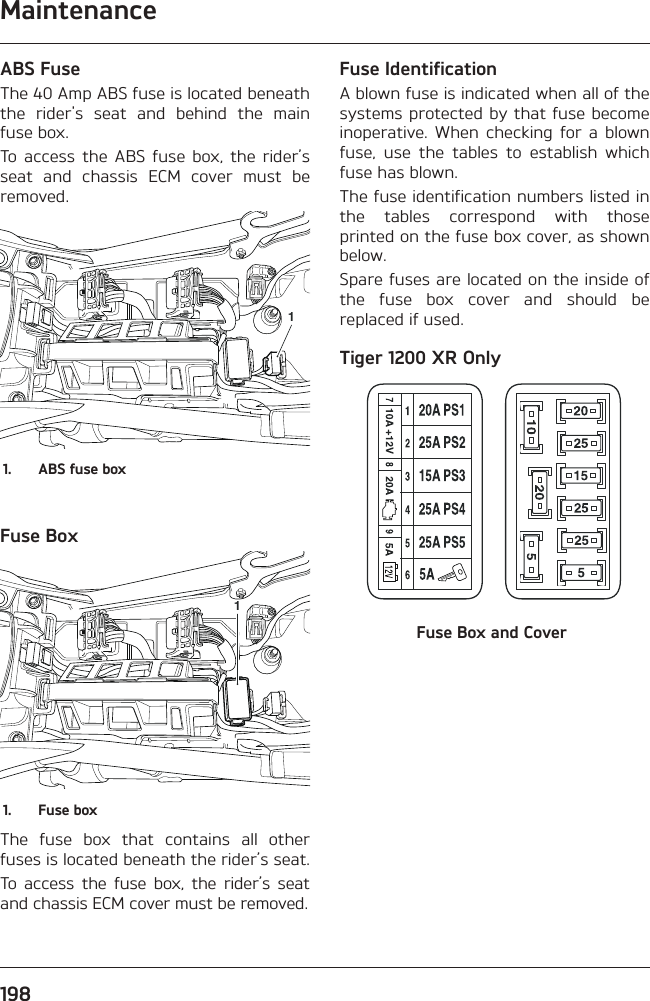 Maintenance198ABS FuseThe 40 Amp ABS fuse is located beneath the rider&apos;s seat and behind the main fuse box.To access the ABS fuse box, the rider’s seat and chassis ECM cover must be removed.11.  ABS fuse boxFuse Box11.  Fuse boxThe fuse box that contains all other fuses is located beneath the rider’s seat.To access the fuse box, the rider’s seat and chassis ECM cover must be removed.Fuse IdentificationA blown fuse is indicated when all of the systems protected by that fuse become inoperative. When checking for a blown fuse, use the tables to establish which fuse has blown.The fuse identification numbers listed in the tables correspond with those printed on the fuse box cover, as shown below.Spare fuses are located on the inside of the fuse box cover and should be replaced if used.Tiger 1200 XR OnlyFuse Box and Cover