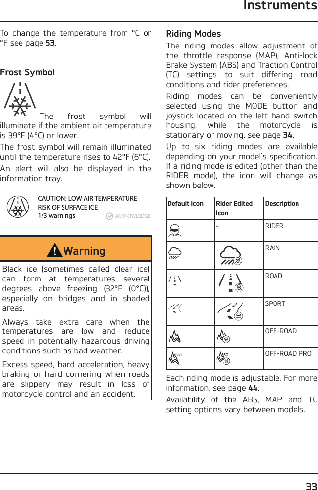 Instruments33To change the temperature from °C or °F see page 53.Frost SymbolThe frost symbol will illuminate if the ambient air temperature is 39°F (4°C) or lower.The frost symbol will remain illuminated until the temperature rises to 42°F (6°C).An alert will also be displayed in the information tray.ACKNOWLEDGECAUTION: LOW AIR TEMPERATURERISK OF SURFACE ICE1/3 warningsWarningBlack ice (sometimes called clear ice) can form at temperatures several degrees above freezing (32°F (0°C)), especially on bridges and in shaded areas.Always take extra care when the temperatures are low and reduce speed in potentially hazardous driving conditions such as bad weather.Excess speed, hard acceleration, heavy braking or hard cornering when roads are slippery may result in loss of motorcycle control and an accident.Riding ModesThe riding modes allow adjustment of the throttle response (MAP), Anti-lock Brake System (ABS) and Traction Control (TC) settings to suit differing road conditions and rider preferences.Riding modes can be conveniently selected using the MODE button and joystick located on the left hand switch housing, while the motorcycle is stationary or moving, see page 34.Up to six riding modes are available depending on your model’s specification. If a riding mode is edited (other than the RIDER mode), the icon will change as shown below.Default Icon Rider Edited IconDescription-RIDERRAINROADSPORTOFF-ROADOFF-ROAD PROEach riding mode is adjustable. For more information, see page 44.Availability of the ABS, MAP and TC setting options vary between models.